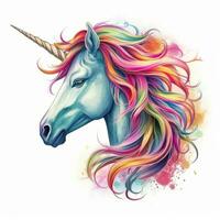 An vector illustration of a mythical unicorn, with a rainbow-colored mane and horn, against a white background. Printable design for tattoo, wall art, posters, t-shirts, mugs, cases. Generative AI photo