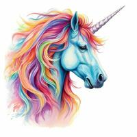 An vector illustration of a mythical unicorn, with a rainbow-colored mane and horn, against a white background. Printable design for tattoo, wall art, posters, t-shirts, mugs, cases. Generative AI photo