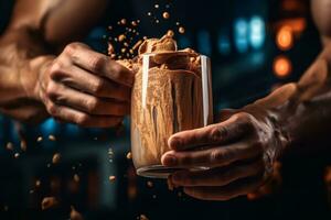 Capturing an athlete in action, holding a protein shake made with sunflower seed protein, emphasizing its role in sports nutrition and muscle recovery. Generative Ai photo