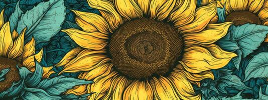 un ilustrativo bandera exhibiendo un de cerca de un floreciente girasol con intrincado detalles, capturar el radiante belleza y calor de naturaleza. generativo ai foto