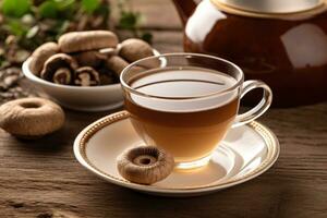 An image featuring a bottle of shiitake mushroom capsules alongside a steaming cup of herbal tea made with dried shiitake mushrooms, conveying the nutritional and medicinal benefits. Generative Ai photo