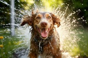 An image capturing the joy and excitement of a dog being washed with a garden hose outdoors on a sunny day, showcasing the playful and refreshing experience. Generative Ai photo