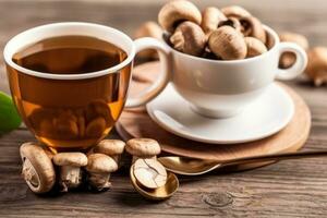 An image featuring a bottle of shiitake mushroom capsules alongside a steaming cup of herbal tea made with dried shiitake mushrooms, conveying the nutritional and medicinal benefits. Generative Ai photo