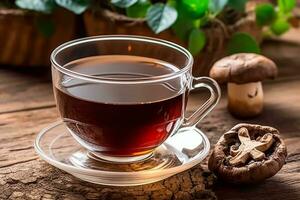 An image featuring a bottle of shiitake mushroom capsules alongside a steaming cup of herbal tea made with dried shiitake mushrooms, conveying the nutritional and medicinal benefits. Generative Ai photo