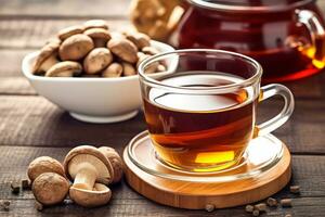 An image featuring a bottle of shiitake mushroom capsules alongside a steaming cup of herbal tea made with dried shiitake mushrooms, conveying the nutritional and medicinal benefits. Generative Ai photo