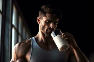 An image featuring a fitness enthusiast drinking a post-workout shake made with sunflower seed protein, emphasizing its role in muscle repair and recovery. Generative Ai photo