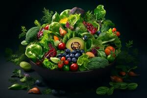 Colorful salad composed of various leafy greens and herbs, highlighting the chlorophyll content and promoting a healthy and nutritious diet. Generative Ai photo