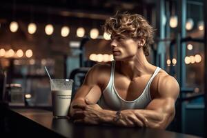 An image featuring a fitness enthusiast drinking a post-workout shake made with sunflower seed protein, emphasizing its role in muscle repair and recovery. Generative Ai photo