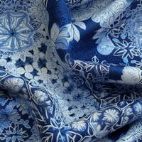 An image featuring an intricate snowflake fabric pattern in shades of blue and silver, evoking a magical and wintry ambiance. Generative Ai photo