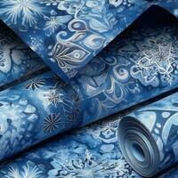 An image featuring an intricate snowflake fabric pattern in shades of blue and silver, evoking a magical and wintry ambiance. Generative Ai photo