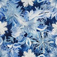 An image featuring an intricate snowflake fabric pattern in shades of blue and silver, evoking a magical and wintry ambiance. Generative Ai photo