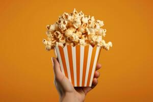 An image featuring hands holding a popcorn box, with popcorn kernels spilling out of the box. Concept irresistible nature of popcorn. Generative AI photo