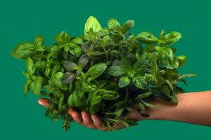 An image featuring hands holding a bunch of fresh herbs with vibrant green leaves, symbolizing the abundance of chlorophyll in culinary herbs. Generative AI photo