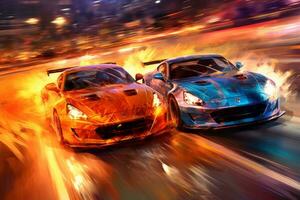 Illustration of two sports cars side by side, with one overtaking the other on a race track, captured at a high-speed moment, with flames and sparks trailing behind. Generative AI photo