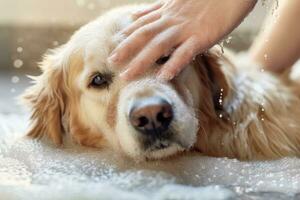 Focusing on a hand pouring gentle dog shampoo onto a dog's fur, illustrating the care and comfort provided during the washing process. Generative Ai photo