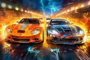 Illustration of two sports cars side by side, with one overtaking the other on a race track, captured at a high-speed moment, with flames and sparks trailing behind. Generative AI photo