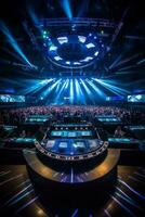 An image of a DJ booth surrounded by an impressive stage setup, complete with LED screens and lighting effects, emphasizing the professional production value of the event. Generative AI photo