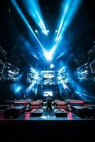 An image of a DJ booth surrounded by an impressive stage setup, complete with LED screens and lighting effects, emphasizing the professional production value of the event. Generative AI photo