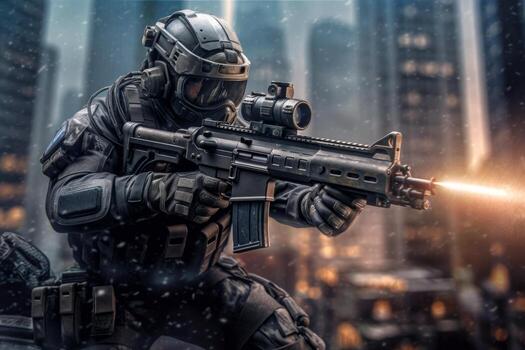 An image of a special forces sniper taking aim from a strategic position. Generative AI photo