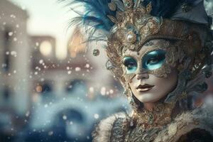 An image of a Venetian Carnival Mask worn by a stylish model, with a blurred cityscape in the background, blending fashion and culture to appeal to a contemporary audience. Generative AI photo