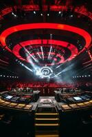 An image of a DJ booth surrounded by an impressive stage setup, complete with LED screens and lighting effects, emphasizing the professional production value of the event. Generative AI photo