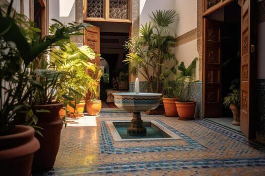 An image of a beautifully decorated Moroccan Riad courtyard, featuring colorful tiles, lush plants, and a central fountain, conveying the tranquil and exotic atmosphere of the space. Generative AI photo