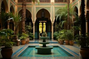 An image of a beautifully decorated Moroccan Riad courtyard, featuring colorful tiles, lush plants, and a central fountain, conveying the tranquil and exotic atmosphere of the space. Generative AI photo