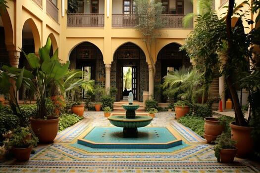 An image of a beautifully decorated Moroccan Riad courtyard, featuring colorful tiles, lush plants, and a central fountain, conveying the tranquil and exotic atmosphere of the space. Generative AI photo