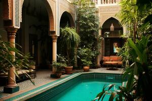 An image of a beautifully decorated Moroccan Riad courtyard, featuring colorful tiles, lush plants, and a central fountain, conveying the tranquil and exotic atmosphere of the space. Generative AI photo