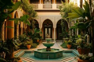 An image of a beautifully decorated Moroccan Riad courtyard, featuring colorful tiles, lush plants, and a central fountain, conveying the tranquil and exotic atmosphere of the space. Generative AI photo