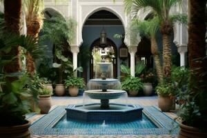 An image of a beautifully decorated Moroccan Riad courtyard, featuring colorful tiles, lush plants, and a central fountain, conveying the tranquil and exotic atmosphere of the space. Generative AI photo