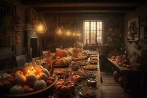 Long table filled with delicious Thanksgiving dishes. The setting a rustic barn , with fall foliage and pumpkins adding to the seasonal atmosphere. Generative AI photo