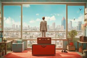 An surreal image of a hitman in a luxurious penthouse, overlooking a city skyline, with a briefcase containing a large sum of money or a target's sensitive documents. Generative AI photo