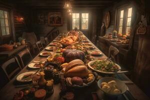 Long table filled with delicious Thanksgiving dishes. The setting a rustic barn , with fall foliage and pumpkins adding to the seasonal atmosphere. Generative AI photo