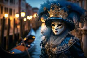 un imagen de un misterioso figura vistiendo un veneciano carnaval mascarilla, en pie en contra un fondo de el icónico veneciano canales y góndolas, evocando el seducir y elegancia de Venecia. generativo ai foto