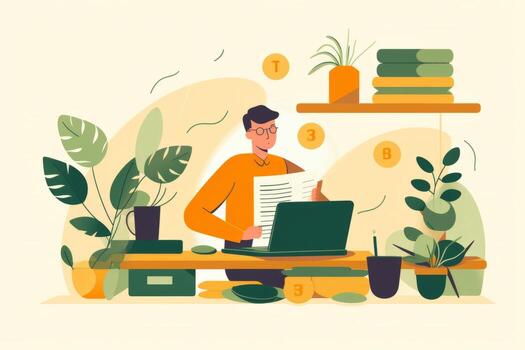 un imagen de un persona sentado a un escritorio, rodeado por impuesto documentos y un calculadora, con un pequeño planta en el antecedentes. generativo ai foto