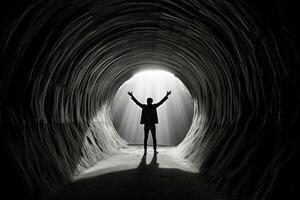 un imagen de un persona emergente desde un oscuro túnel hacia el luz, simbolizando el transformación y renacimiento asociado con el Resurrección. generativo ai foto