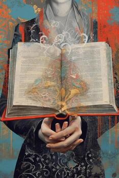 Stylish Illustration of hands holding an open book against a background of abstract shapes and textures, representing the allure and intrigue of the story within. Generative AI photo