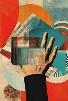 Stylish Illustration of hands holding an open book against a background of abstract shapes and textures, representing the allure and intrigue of the story within. Generative AI photo