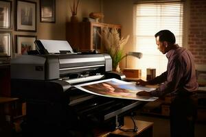 profesional fotógrafo utilizando un tinta foto impresora en un bien iluminado estudio, enfatizando el de la imprenta papel en profesional fotografía flujos de trabajo. generativo ai