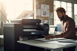 profesional fotógrafo utilizando un tinta foto impresora en un bien iluminado estudio, enfatizando el de la imprenta papel en profesional fotografía flujos de trabajo. generativo ai