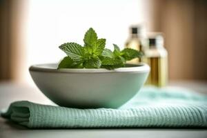 An image of a spa setting with a bowl of water infused with mint leaves, accompanied by a towel and a sprig of mint, symbolizing relaxation, rejuvenation. Generative Ai photo