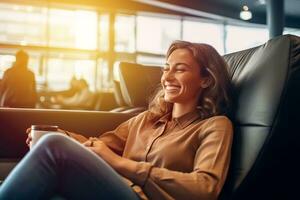 A smiling customer sitting comfortably in the waiting area of a car wash, enjoying complimentary amenities like coffee and Wi-Fi, highlighting the customer-centric experience. Generative Ai photo