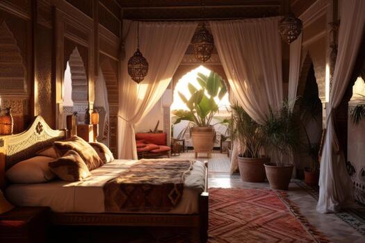 An image of a stylish bedroom in a Moroccan Riad, with carved wooden furniture, colorful textiles, and soft lighting, creating an inviting and serene atmosphere. Generative AI photo