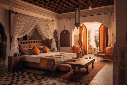 An image of a stylish bedroom in a Moroccan Riad, with carved wooden furniture, colorful textiles, and soft lighting, creating an inviting and serene atmosphere. Generative AI photo