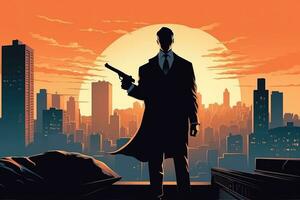 Illustration of a suave secret agent in a tailored suit, holding a silenced pistol, with a mysterious expression and a cityscape in the background, representing intrigue and espionage. Generative AI photo