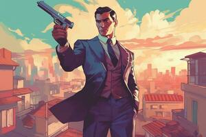 Illustration of a suave secret agent in a tailored suit, holding a silenced pistol, with a mysterious expression and a cityscape in the background, representing intrigue and espionage. Generative AI photo