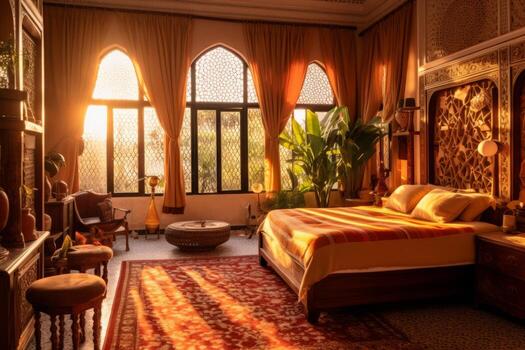 An image of a stylish bedroom in a Moroccan Riad, with carved wooden furniture, colorful textiles, and soft lighting, creating an inviting and serene atmosphere. Generative AI photo
