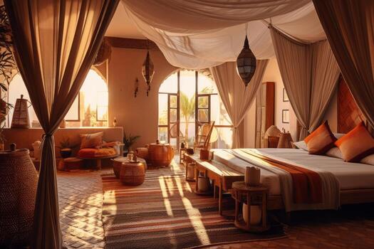 An image of a stylish bedroom in a Moroccan Riad, with carved wooden furniture, colorful textiles, and soft lighting, creating an inviting and serene atmosphere. Generative AI photo