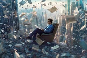 An image of a writer sitting in a chair, surrounded by flying books that create a whirlwind around them, with city skyscrapers visible in the background. Generative AI photo